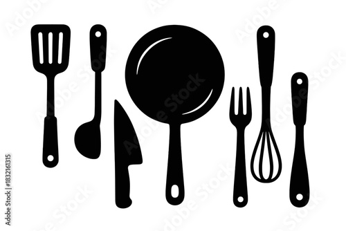Black silhouette set of kitchen utensils frying pan spatula knife fork whisk