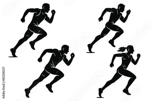 Dynamic silhouettes of male and female athletes running in a competitive race