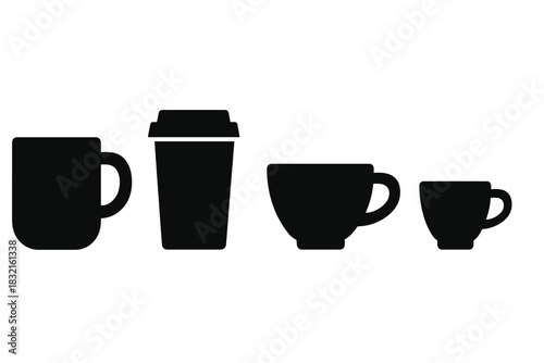Black silhouettes of various hot beverage cups including mug, travel tumbler, and espresso
