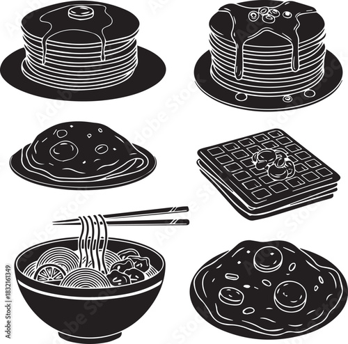 Collection of black and white food illustrations including pancakes noodles and dumplings