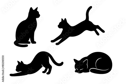 Stylized black silhouettes of domestic cats displaying sitting, jumping, stretching, and sleeping poses