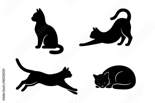 Collection of four black cat silhouettes demonstrating various common actions and poses like sitting, stretching, running, and sleeping