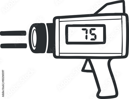 A digital speed measurement gun with a display showing 75 in black and white outline vector style, ideal for scientific and engineering applications