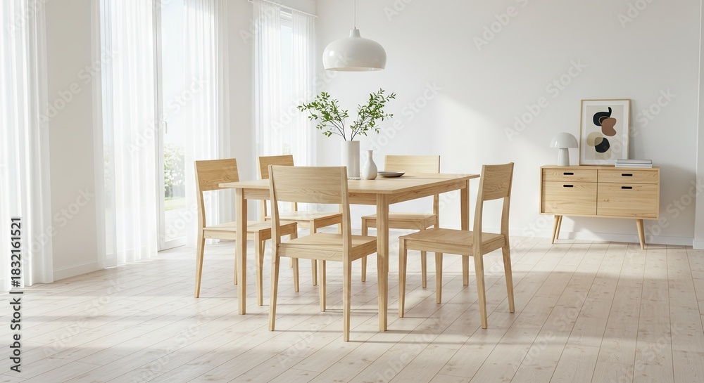 Fototapeta premium Modern Minimalist Dining Room with Wooden Furniture and Bright Natural Light.