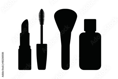Silhouettes of essential beauty and cosmetic products: lipstick, mascara, and brush