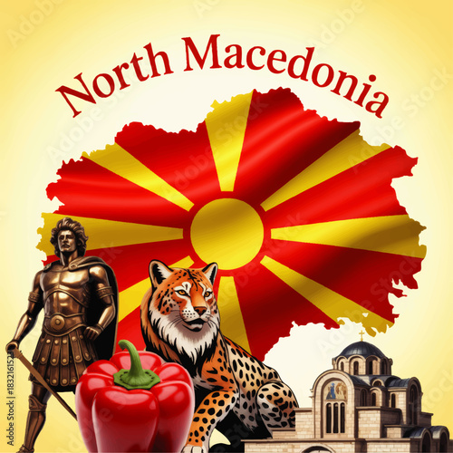 North Macedonia cultural symbols illustration with national flag map, Alexander statue, lynx, red pepper and Orthodox church