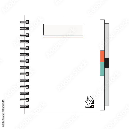 Simple illustration of a spiral bound notebook or journal with blank cover and colored divider tabs