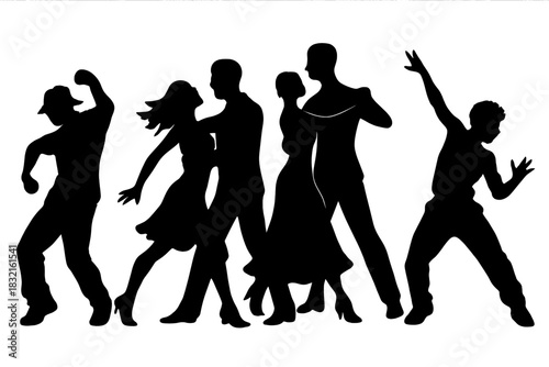 Dynamic black silhouettes of couples and solo dancers performing