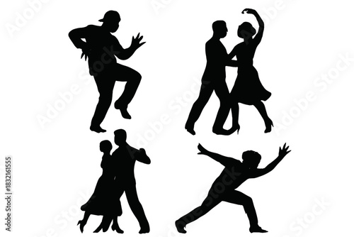 Four black silhouettes showing dynamic dancing couples and solo performers
