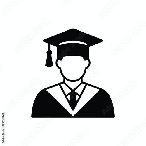 A minimalist black and white icon illustration of a graduate wearing academic regalia. The figure is shown in a simple line art style with no facial features. 