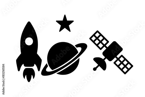 Space exploration icons featuring a rocket ship, ringed planet, star, and orbiting satellite