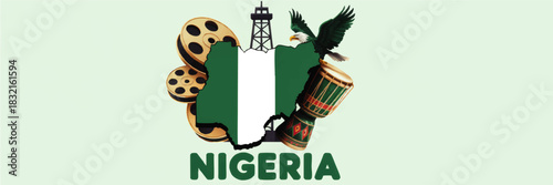 Nigeria culture illustration with map flag eagle drum film reels and oil rig on light green background for independence and heritage design