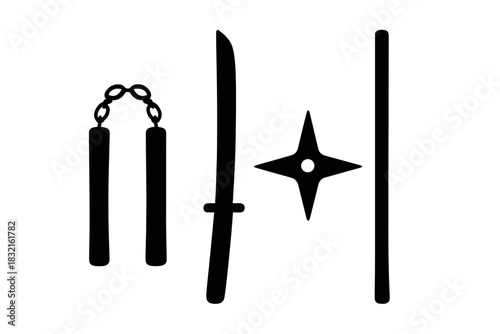 Traditional Japanese martial arts weapons set with sword, nunchaku, and shuriken silhouettes