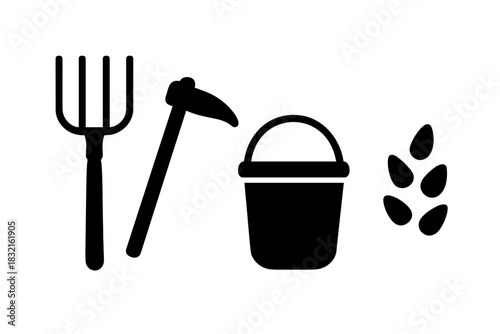 Essential farming and gardening tools silhouette icons: pitchfork, hoe, bucket, and seeds