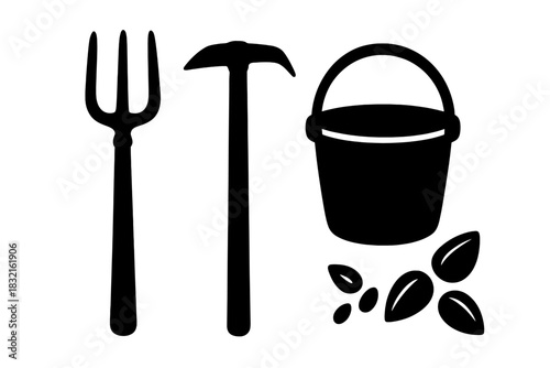 Simple black silhouettes of essential gardening equipment and planting materials