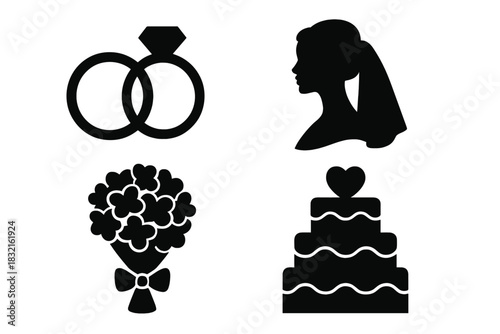 Black silhouette icons of wedding rings, bridal profile, bouquet, and tiered cake