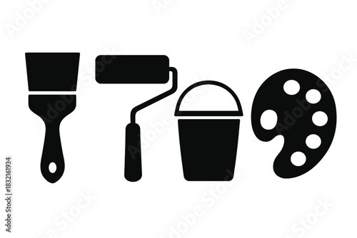 Art and home improvement tools set featuring paintbrush, paint roller, bucket, and color palette