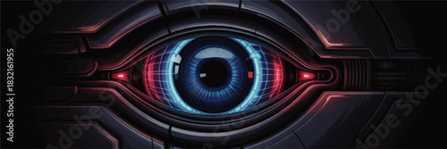 Futuristic cybernetic eye close up, blue and red neon technology interface, sci fi artificial intelligence surveillance concept
