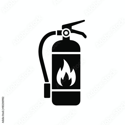 Black and white icon of a fire extinguisher. The extinguisher is rendered in solid black against a white background, with a simple flame symbol cut into the center of the cylindrical tank.  