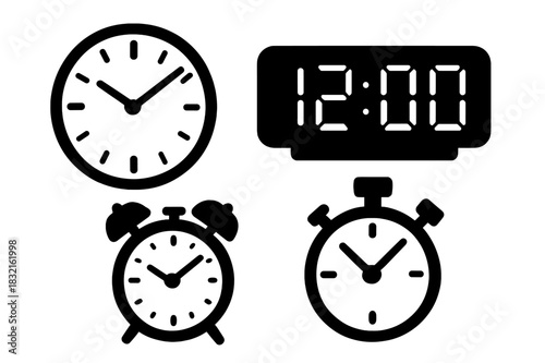 Analog clock, digital display, classic alarm clock, and stopwatch time measurement devices