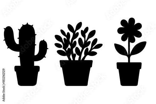 Potted houseplants silhouettes including cactus, leafy bush, and flowering plant set