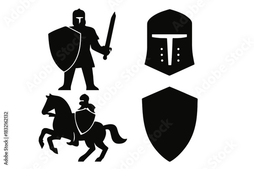 Black silhouette icons of medieval knight figures, armor elements, shield, and helmet