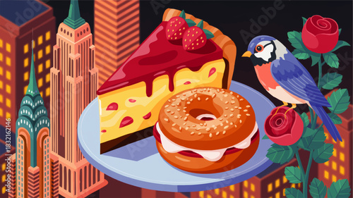 Colorful New York dessert illustration with cheesecake slice, bagel, songbird and roses on plate above city skyline