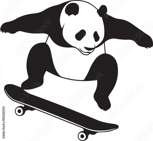 Cartoon panda bear skateboarding and jumping in the air