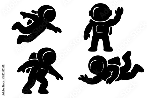 Black silhouettes of astronauts in spacesuits performing different movements in zero gravity