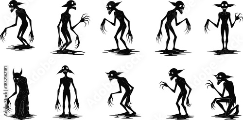 Shadowy Humanoid Monster Silhouettes with Glowing Eyes and Elongated Limbs, Black Figures in Stylized Poses, Horror Fantasy Design, Creature Concept