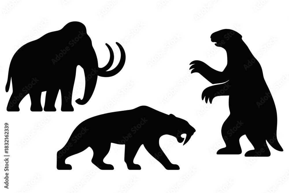 Obraz premium Silhouettes of extinct prehistoric megafauna animals including mammoth and saber toothed cat