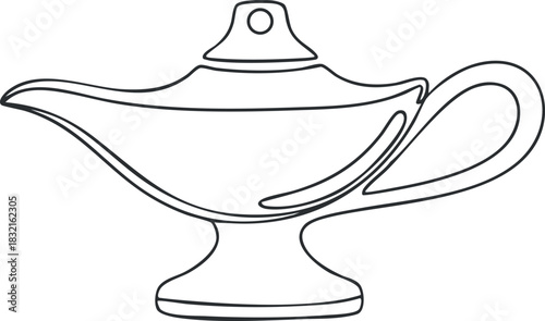 A magic lamp with a curved shape in minimalist black outline vector style, perfect for fantasy-themed designs and illustrations