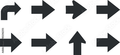 A collection of directional arrows in black and white geometric vector style, ideal for navigation and interface design