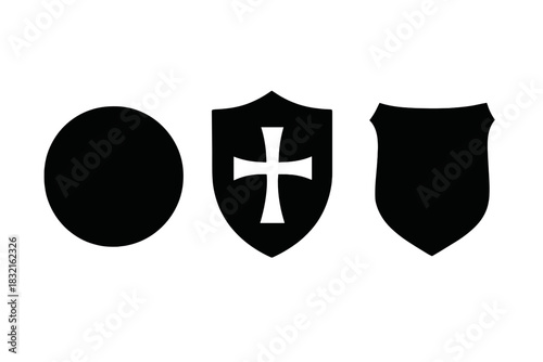 Black silhouette symbols featuring a circle, medieval shield, and crusader cross emblem