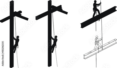 Silhouettes of Workers Climbing Utility Poles and Steel Beams with Ropes, Black Figures in Safety Harnesses, High-Risk Job Illustration