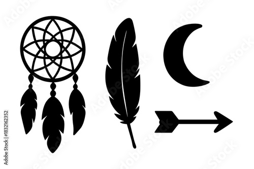 Bohemian spiritual symbols: dreamcatcher, feather, crescent moon, and arrow silhouettes