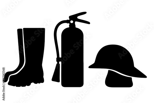 Essential safety equipment including fire extinguisher, protective boot, and hard hat
