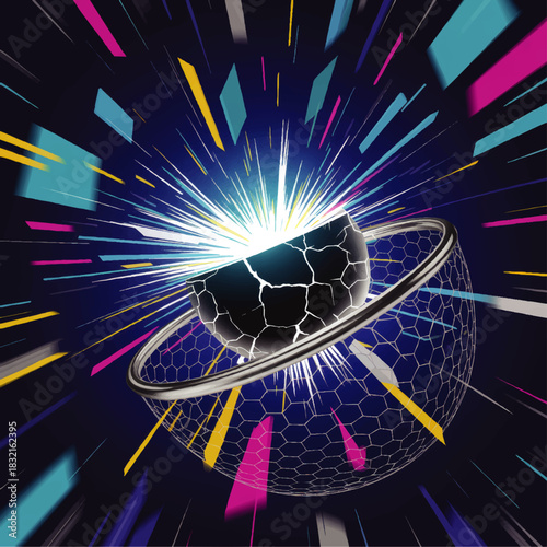 Futuristic exploding sphere with energy burst, neon light trails and hexagon grid, abstract sci fi technology background illustration