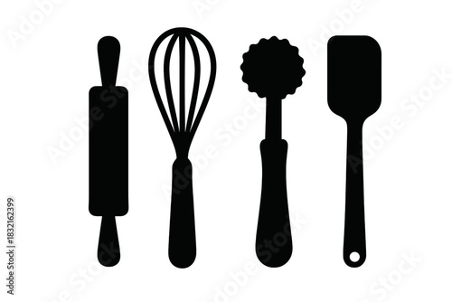 Set of black silhouette icons featuring essential baking and cooking utensils