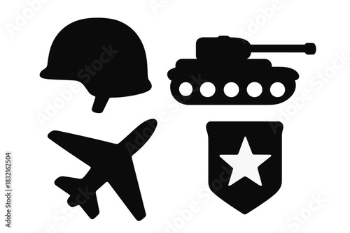 Set of military equipment silhouettes including combat helmet, armored tank, aircraft, and star badge