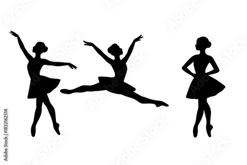 Three graceful female ballet dancer silhouettes performing various classical dance poses on pointe shoes