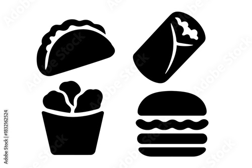 Popular fast food silhouettes set featuring taco burrito fried chicken and hamburger