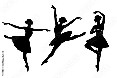Three elegant female ballet dancer silhouettes performing graceful dance poses and movements