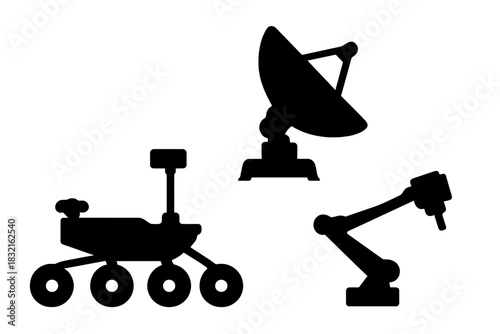 Black silhouettes of space exploration technology: planetary rover, satellite dish, and robotic arm
