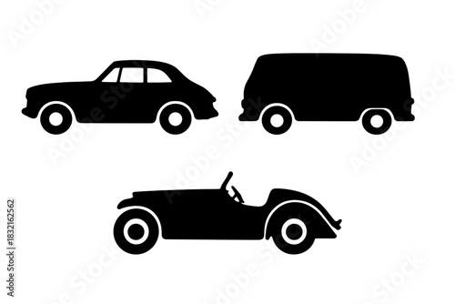 Three classic vintage car silhouettes: coupe, delivery van, and convertible roadster icon set