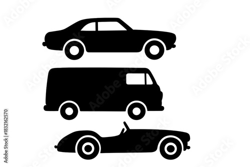 Set of classic car and delivery van silhouettes in black and white icon style