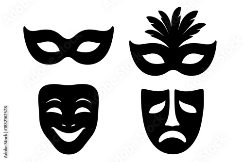 Classic comedy and tragedy drama masks with elegant Venetian carnival masquerade silhouettes