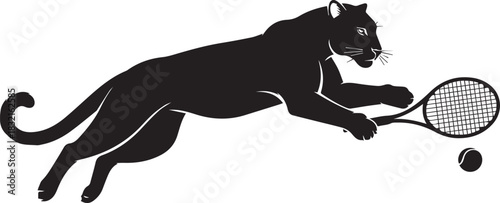 Black panther leaping to hit tennis ball with racket