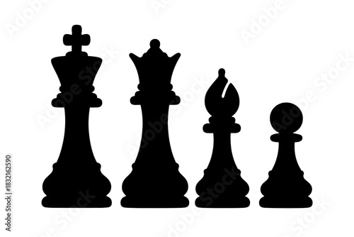 Black silhouettes of classic chess pieces including King Queen Bishop and Pawn on white background
