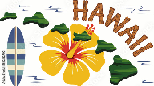 Tropical Hawaii hibiscus flower illustration with surfboard, green islands and decorative text for summer travel design